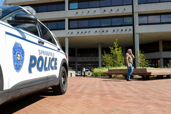 A police car in front of the Springfield City Hall in Springfield, Ohio, on Sept. 12, 2024. (Roberto Schmidt/AFP via Getty Images)