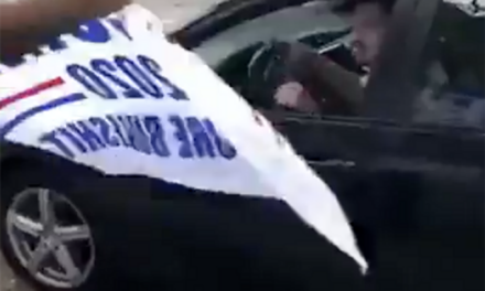 “Tell me you got that!” Driver speeds off after spitting on Trump flag, then something BASED happens