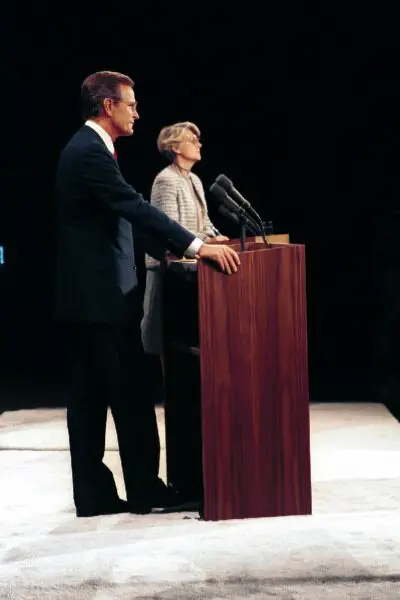 Vice President George H.W. Bush and Rep. Geraldine Ferraro (D-N.Y.) engage in the 1984 vice presidential debate in Philadelphia, on Oct. 11, 1984. (George H.W. Bush Presidential Library and Museum)