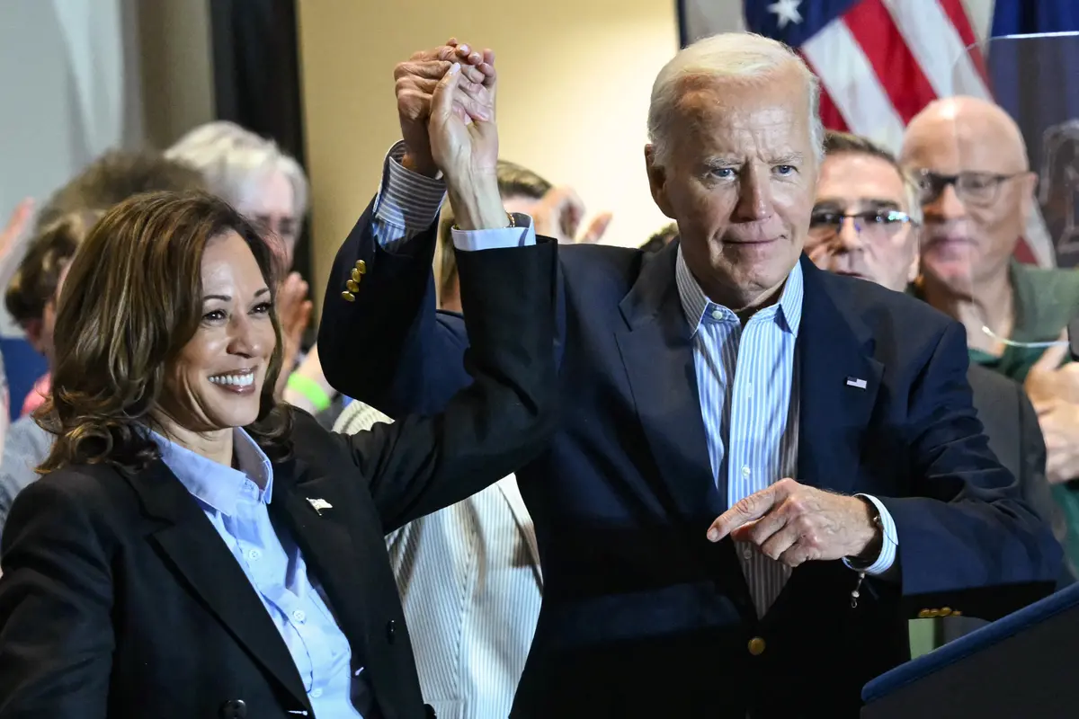 President Joe Biden and Vice President and Democratic presidential candidate Kamala Harris hold a campaign rally at the International Brotherhood of Electrical Workers (IBEW) Local 5 in Pittsburgh on Sept. 2, 2024. (Andrew Caballero-Reynolds/AFP via Getty Images)