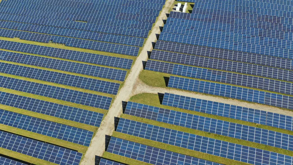 An aerial view of solar panels at the Sutter Greenworks Solar Site in Calverton, N.Y., on Sept. 19, 2021. (Bruce Bennett/Getty Images)