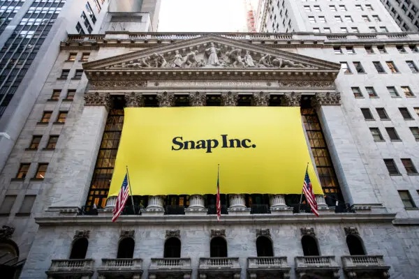 Signage for Snap Inc., parent company of Snapchat, adorns the front of the New York Stock Exchange (NYSE) in New York on March 2, 2017. (Drew Angerer/Getty Images)