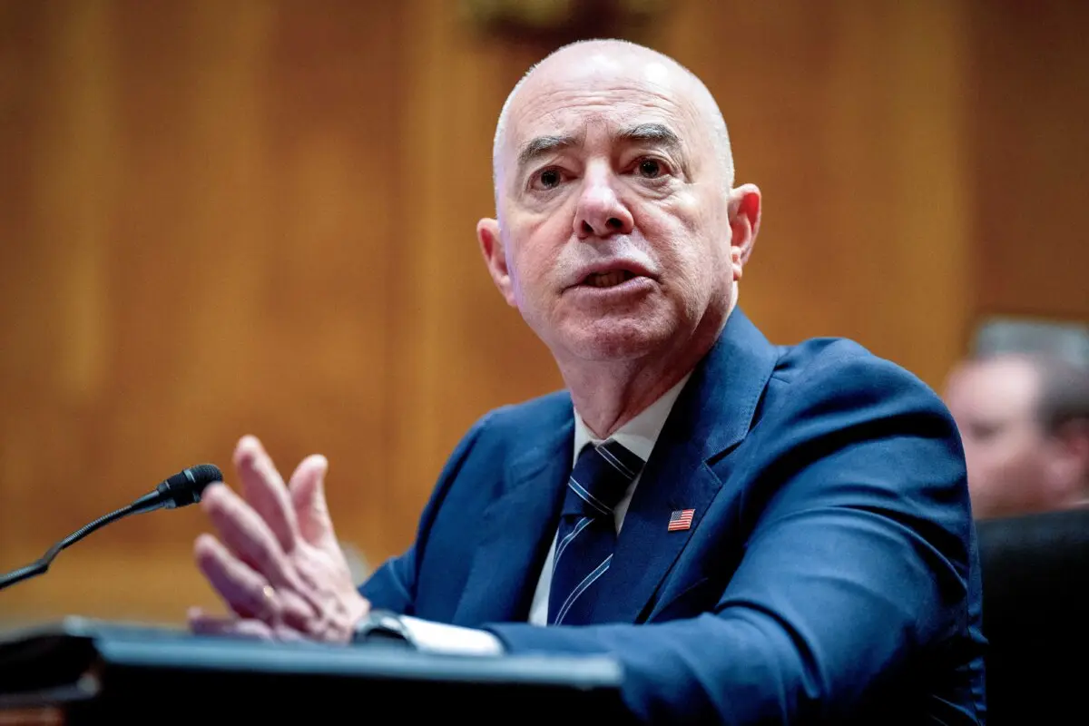 Homeland Security Secretary Alejandro Mayorkas speaks during a Senate Homeland Security and Governmental Affairs committee hearing on the department's budget request on Capitol Hill in Washington on April 18, 2024. (Andrew Harnik/Getty Images)