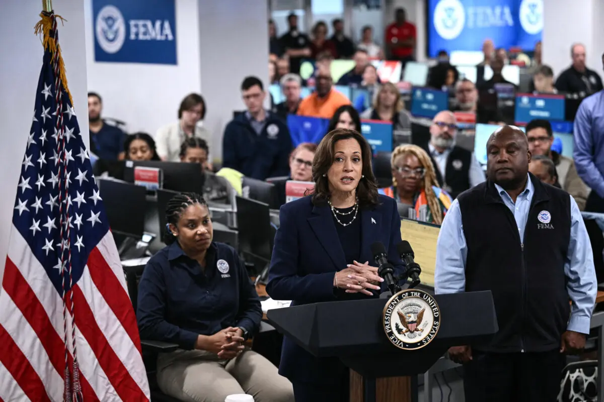 Vice President Kamala Harris speaks alongside Erik Hooks, FEMA deputy administrator, before attending a briefing about the impacts of Hurricane Helene and updates on the federal response, at FEMA headquarters in Washington on Sept. 30, 2024. (Brendan Smialowski/AFP via Getty Images)