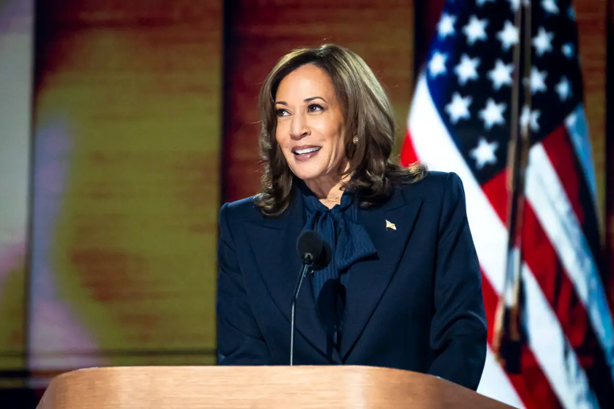 Vice President and Democratic presidential nominee Kamala Harris speaks during the last day of the Democratic National Convention in Chicago on Aug. 22. (Madalina Vasiliu/The Epoch Times)