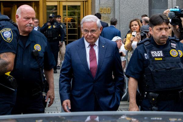 Sen. Bob Menendez (D-N.J.) exits Manhattan federal court in New York City after being found guilty of all counts in a corruption trial, on July 16, 2024. (Adam Gray/Getty Images)