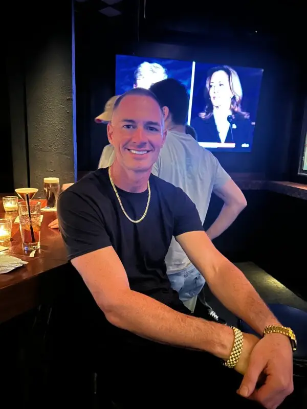 Thomas Cahill attends the presidential debate watch party at the Ulysses Bar and Restaurant in New York City on Sept. 10, 2024. (Juliette Fairley/The Epoch Times)