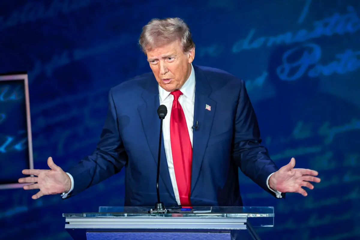 Former President Donald Trump speaks during a presidential debate with Vice President Kamala Harris at the National Constitution Center in Philadelphia on Sept. 10, 2024. (Win McNamee/Getty Images)