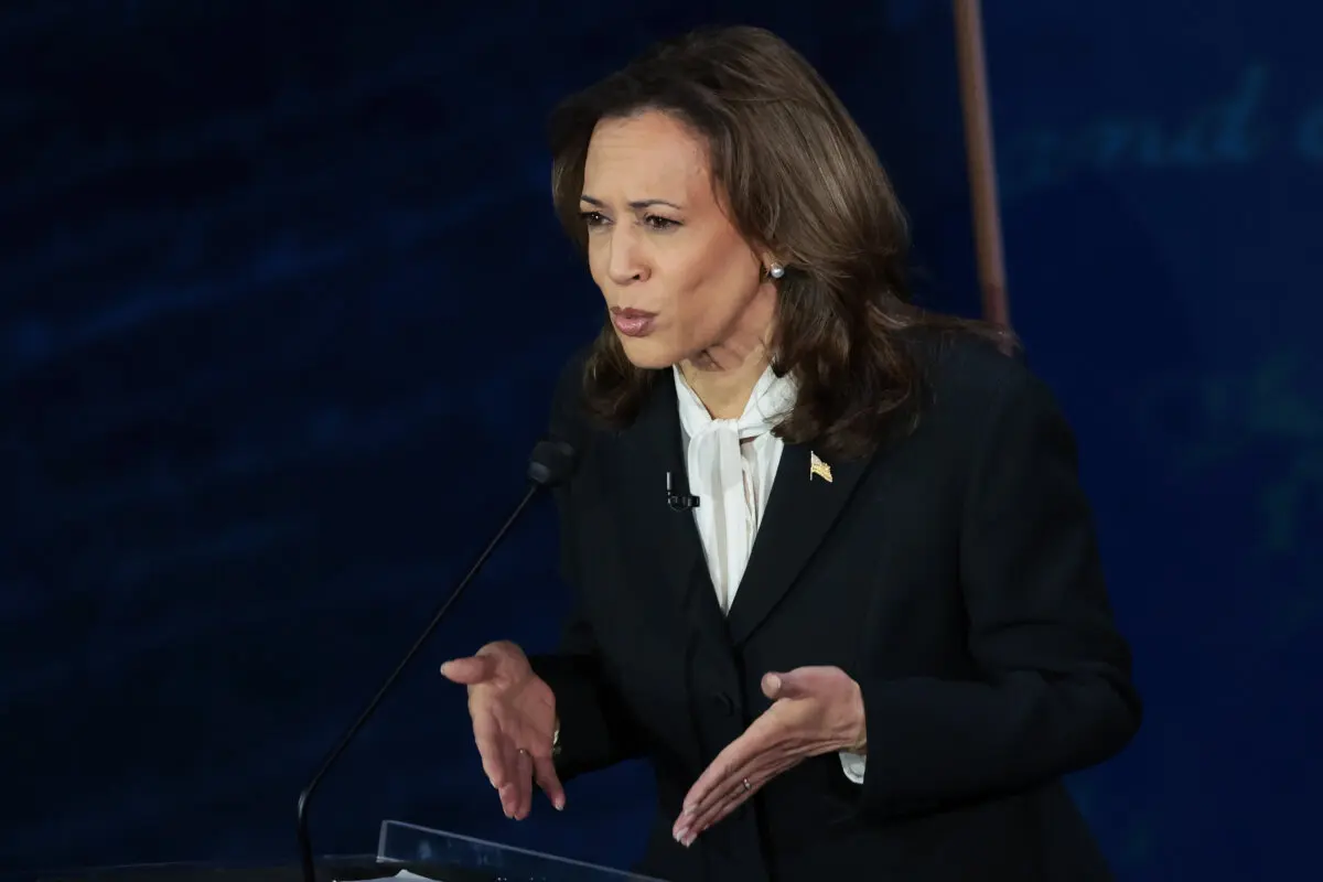 Democratic presidential nominee, Vice President Kamala Harris, debates Republican presidential nominee, former U.S. president Donald Trump, at The National Constitution Center in Philadelphia on Sept. 10, 2024. (Win McNamee/Getty Images)