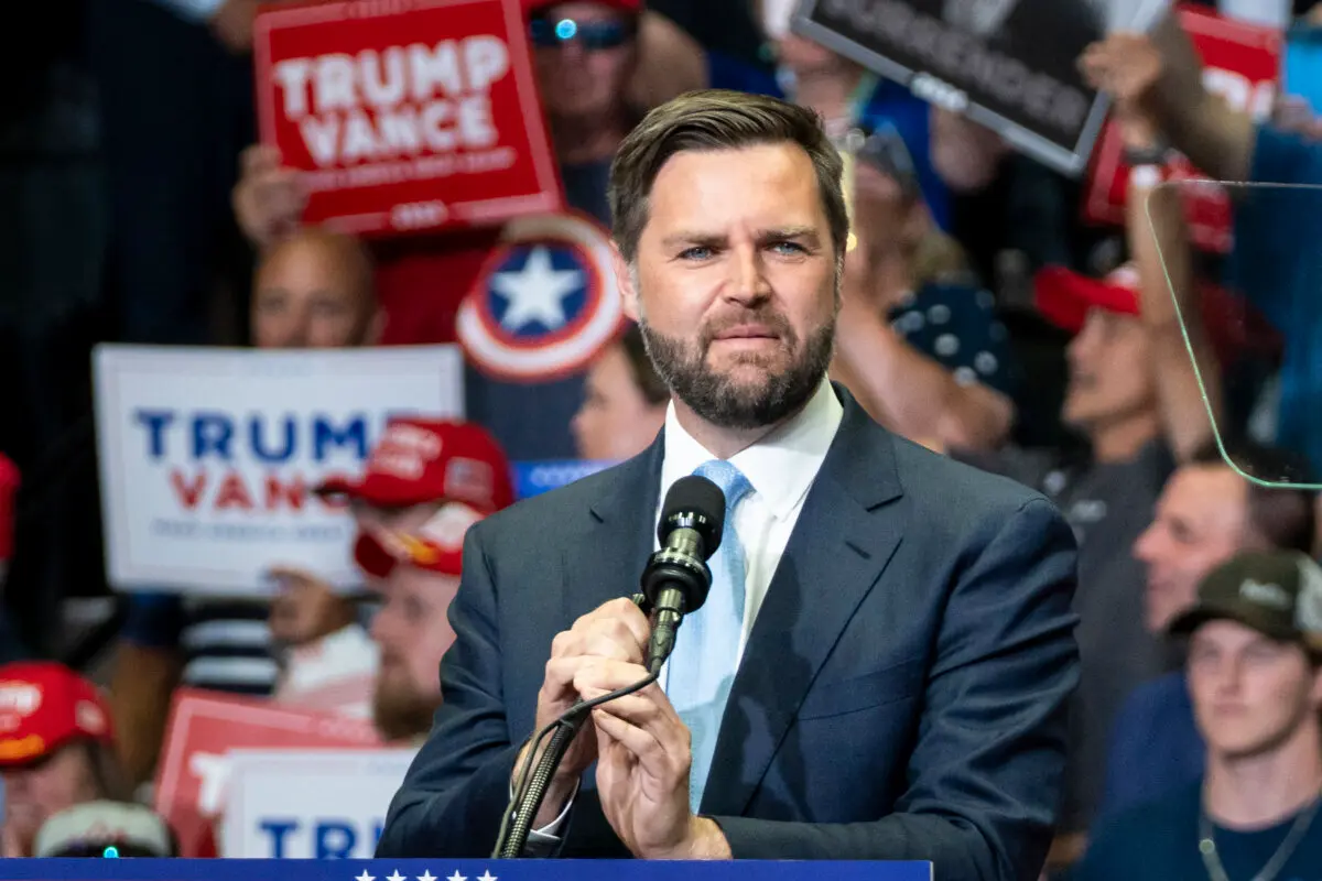 Republican vice presidential nominee Sen. JD Vance speaks at the Van Andel Arena in Grand Rapids, Mich., on July 20, 2024. (Madalina Vasiliu/The Epoch Times)