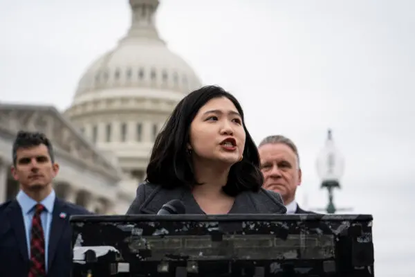 Anna Kwok of the Hong Kong Democracy Council speaks during a press conference discussing the implications of the Safeguarding National Security Bill (Article 23 legislation) at the House Triangle near the U.S. Capitol building in Washington on March 22, 2024. (Madalina Vasiliu/The Epoch Times)