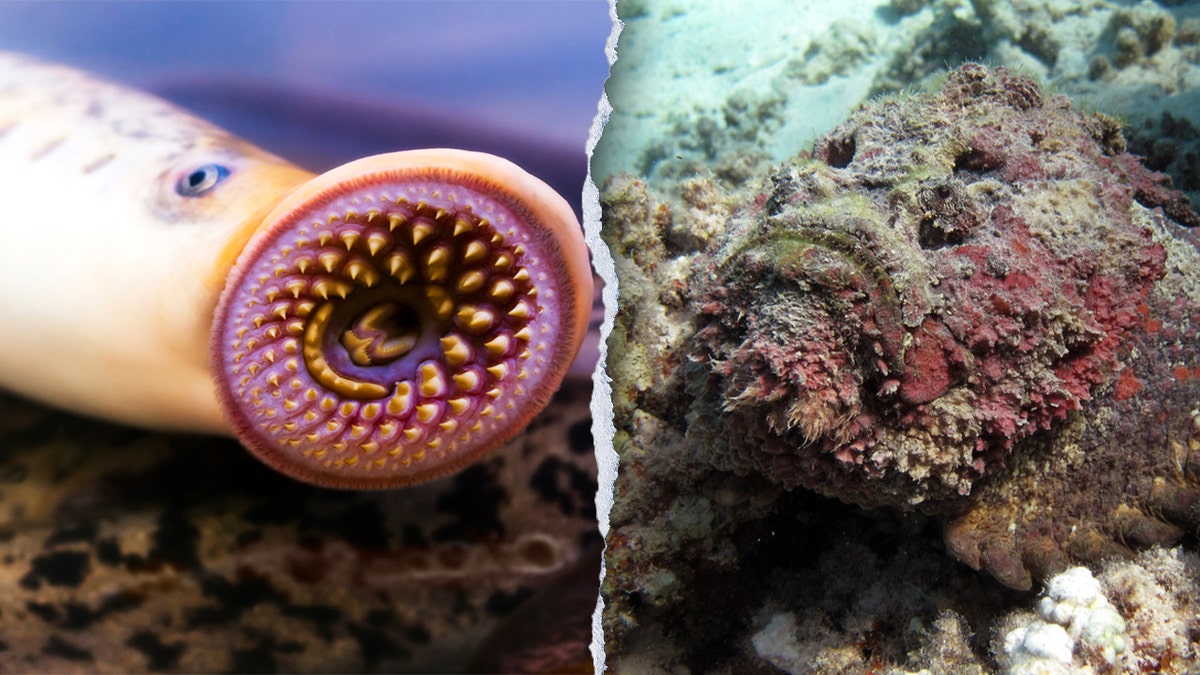 Sea lamprey in one half of photo and stonefish on the other