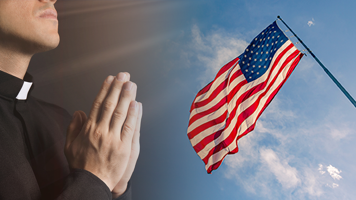 Stock images of priest praying and US flag