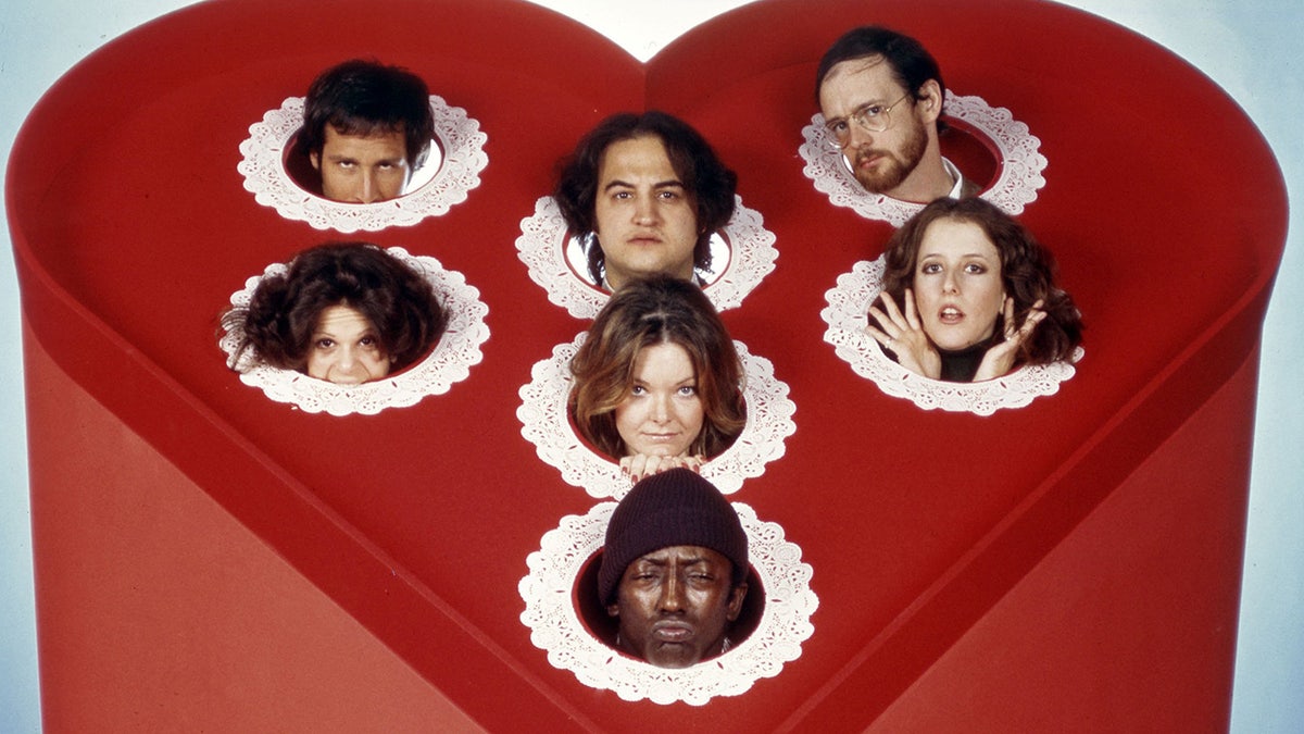 The original cast of Saturday Night Live in a promotional photo for the show