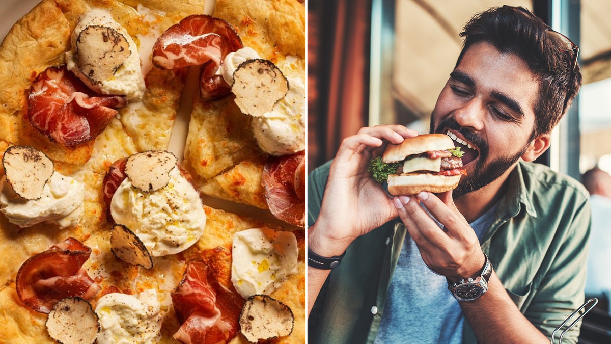 Pizza and man eating burger