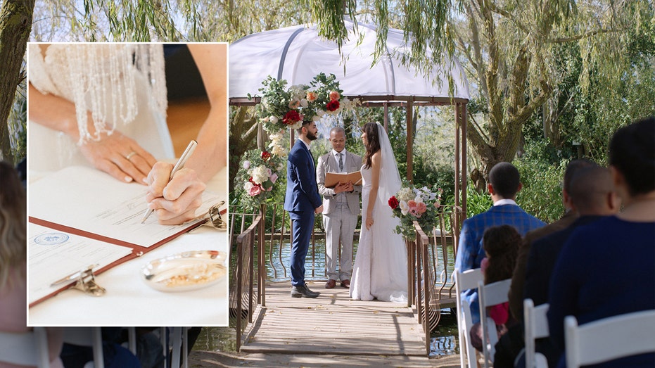 Wedding ceremony with a picture of person signing marriage license 