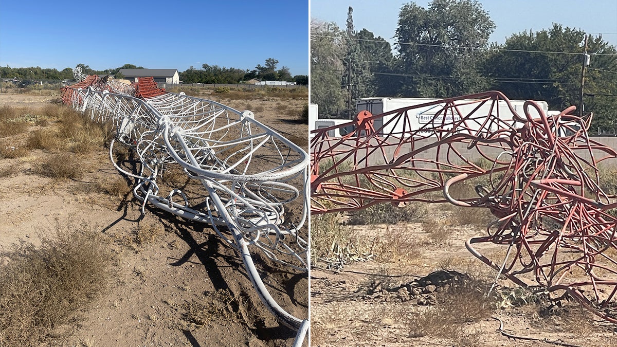 The destroyed radio tower line following the crash in Albuquerque, N.M., Friday.