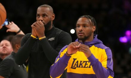 LeBron, Bronny James make history as first father-son duo to play in NBA game together in Lakers home opener