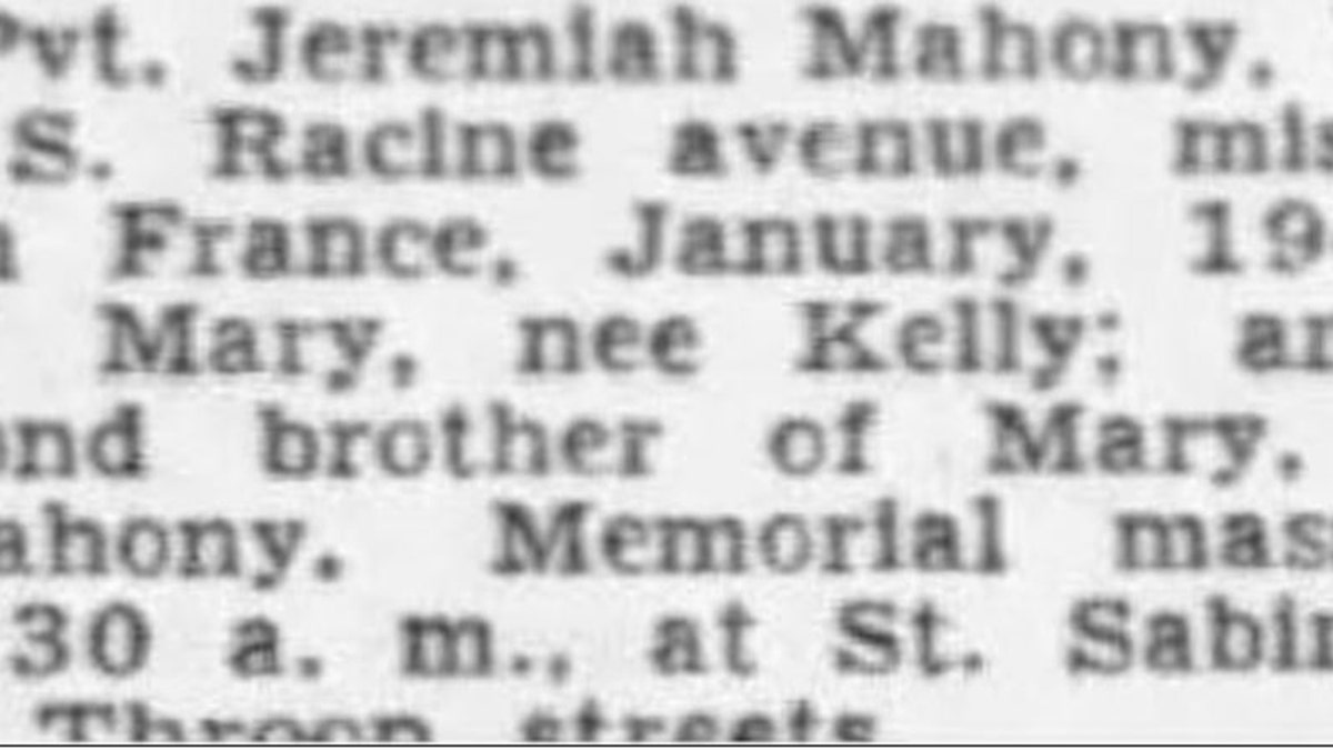 A clipping of Mahoney's memorial service after the War Department issued a 