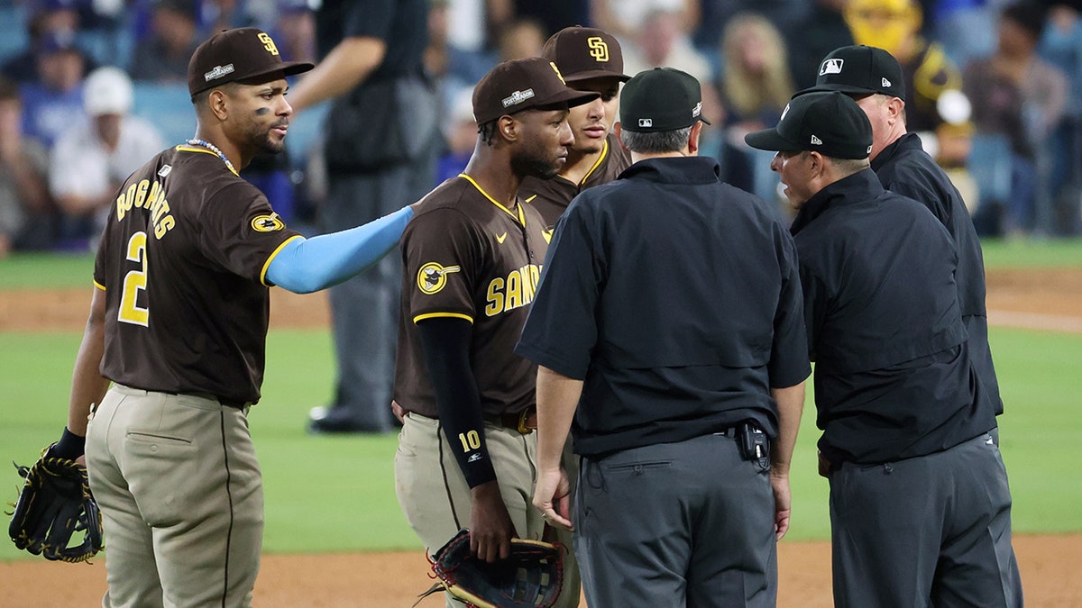 Jurickson Profar speaks with umpires