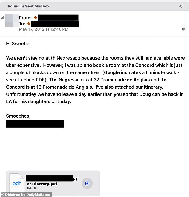 A May 17, 2012 email provided by the friends, written by Jane to one of her fellow amfAR attendees, gives the location of the hotel in Nice the couple stayed at that weekend