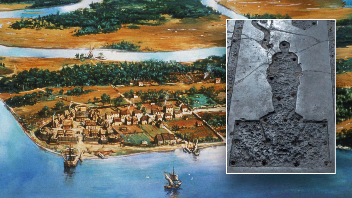 Split image of Jamestown painting, ancient grave