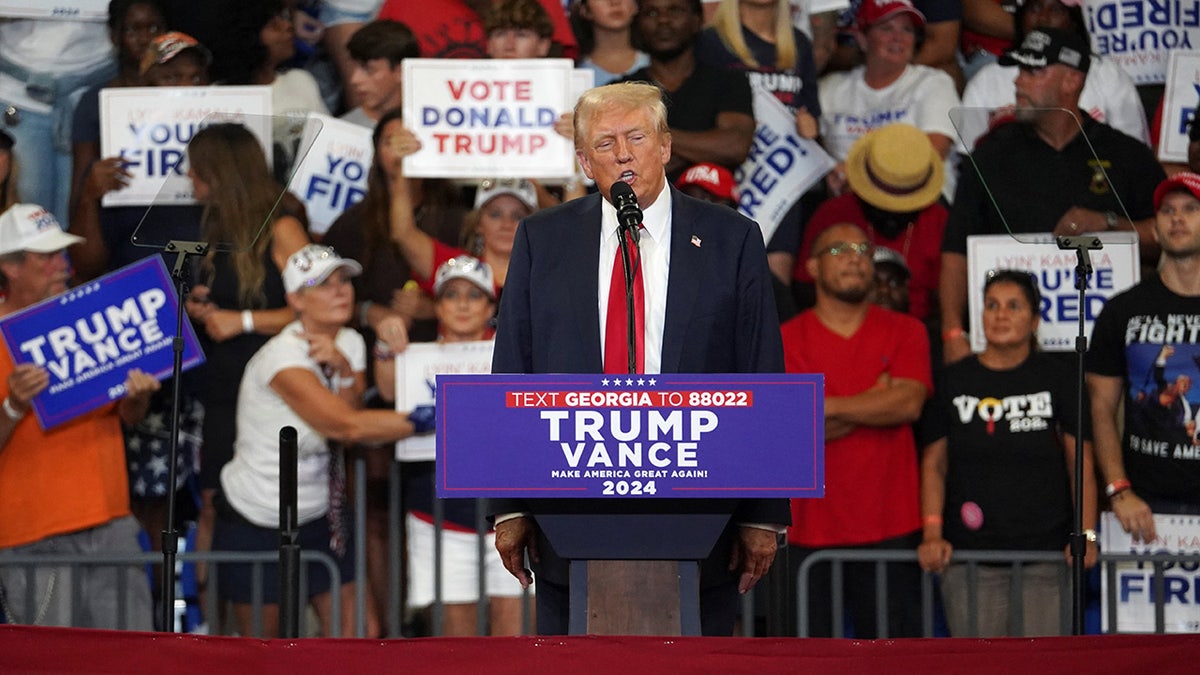 Republican presidential nominee and former President Donald Trump speaks during a campaign rally held in Atlanta, Georgia, on August 3, 2024. Reuters/Megan Varner