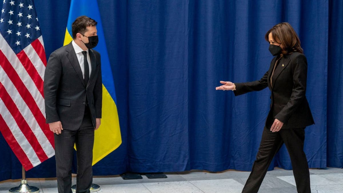 Vice President Kamala Harris, right, meeting Ukraine President Zelenskyy, left