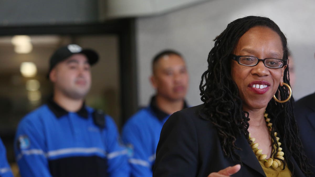 BART Board President Lateefah Simon speaks during a press conference about the BART ambassadors on Monday, February 10, 2020 in Oakland, Calif. 