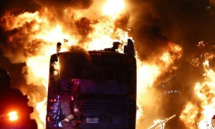 Rowdy crowd in Los Angeles lights bus on fire and breaks into stores in celebration of Dodgers win