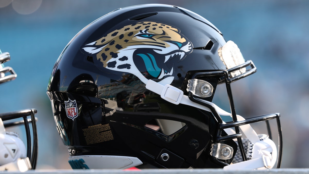 A Jacksonville Jaguars helmet is seen on the sideline before a preseason game against the Miami Dolphins at EverBank Stadium on Saturday, Aug. 26, 2023, in Jacksonville, Florida.