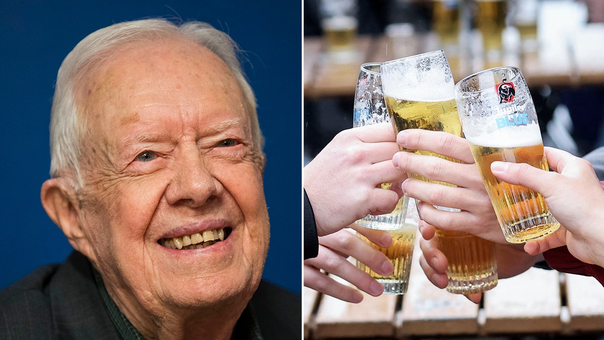 Jimmy Carter split with an image of people toasting beers.