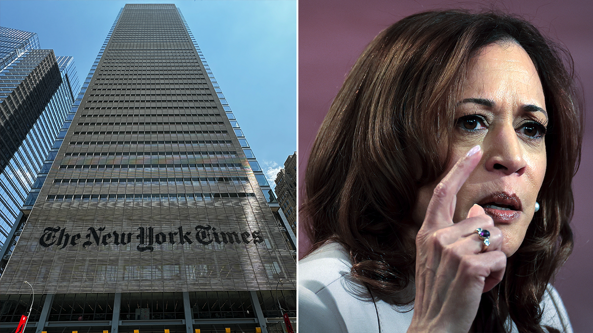 New York Times building and Kamala Harris split image