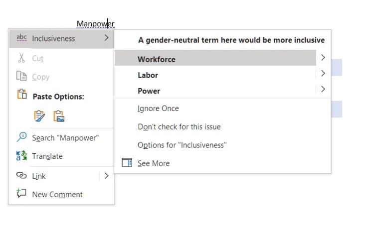 Text editor context menu suggesting gender-neutral alternatives for the word 