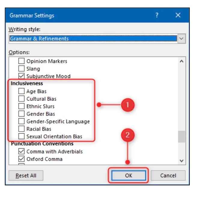 Grammar settings window showing options for inclusiveness, including biases such as age, cultural, gender, and racial.