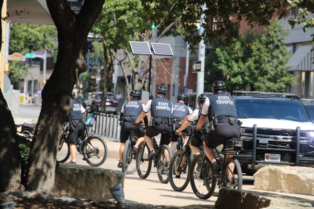 Texas Trooper Bike Patrol arrives at Pro-Hamas protest in Austin, Photo by Randy Clark Breitbart Texas