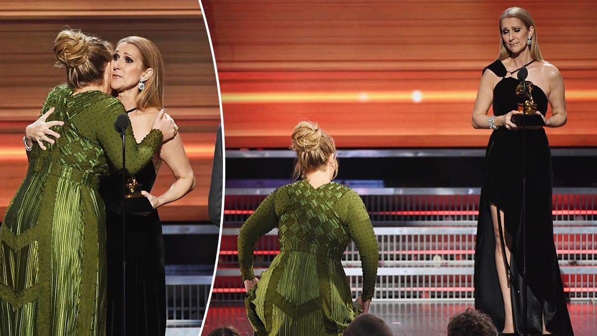 Adele in a green dress with back to camera hugs Céline Dion in black one shoulder dress on GRAMMY stage split Céline Dion looks down at Adele affectionately as she walks up the stairs to receive her award