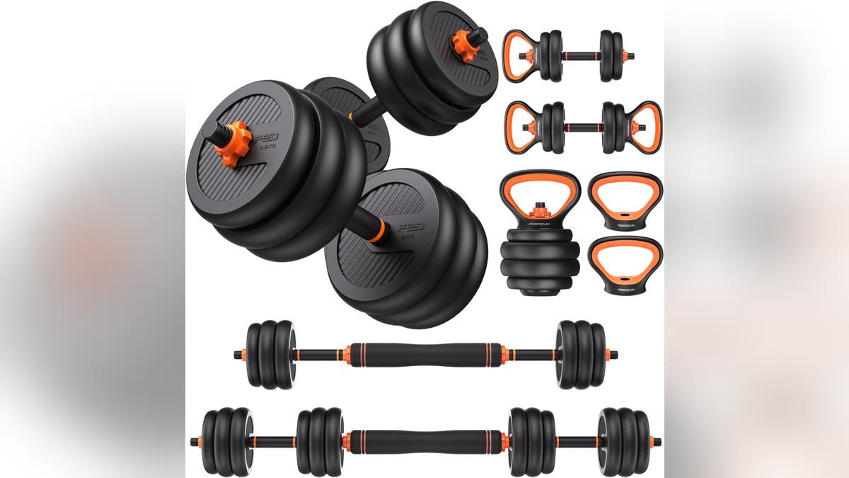 These adjustable dumbbells are a four-in-one set of free weights.