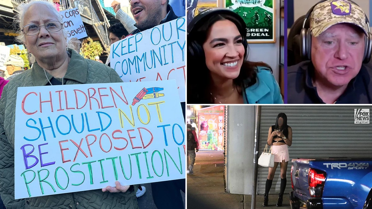 A woman holding a sign against prostitution in Queens. Rep. Alexandria Ocasio-Cortez's district, left, Alexandria Ocasio-Cortez, D-N.Y., live-streaming her Madden NFL video game with vice-presidential candidate Gov. Tim Walz, D-Minn., on Twitch Sunday, top right, a sex worker in Ocasio-Cortez's district last month