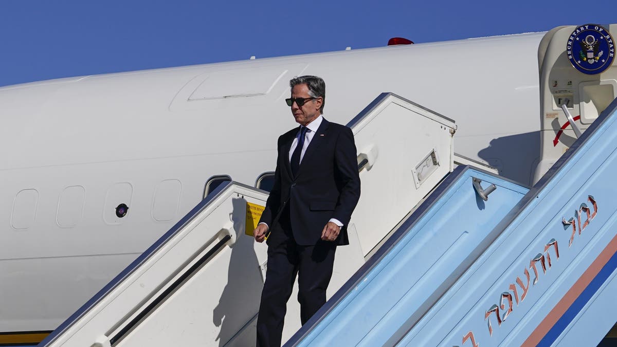 U.S. Secretary of State Antony Blinken disembarks an aircraft as he arrives in Tel Aviv, Israel, on Tuesday, Oct. 22, 2024.