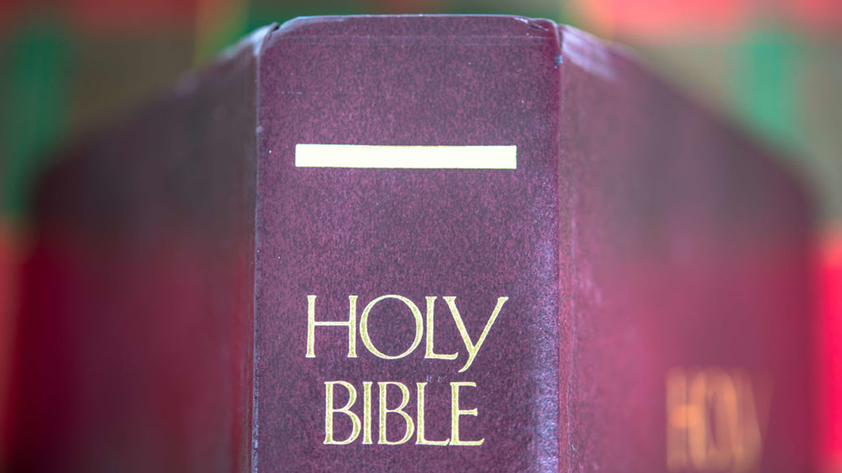 A picture of the Bible. The Bible is bound in a reddish leather. 