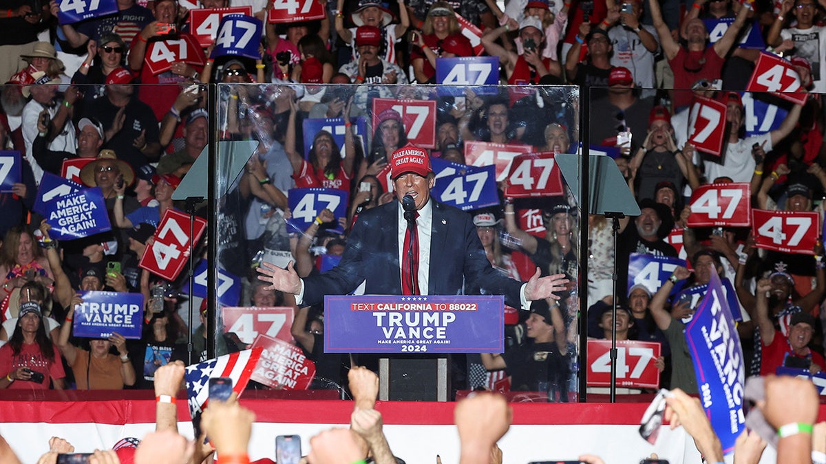 Republican presidential nominee and former President Trump speaks during a rally in Coachella, Calif., Saturday.