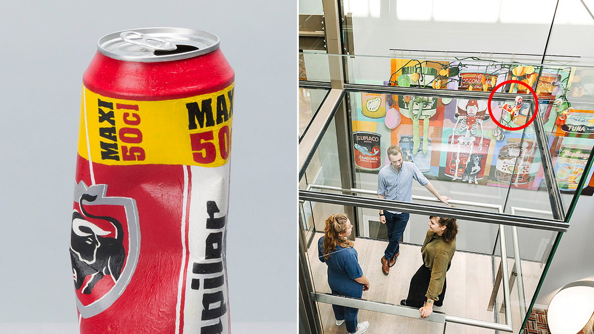 Beer can art thrown in garbage at museum