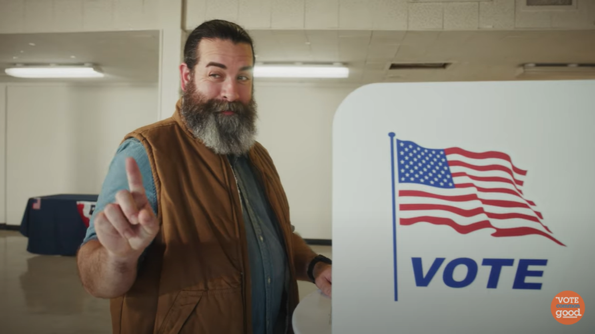 An ad showing a man in the voting booth