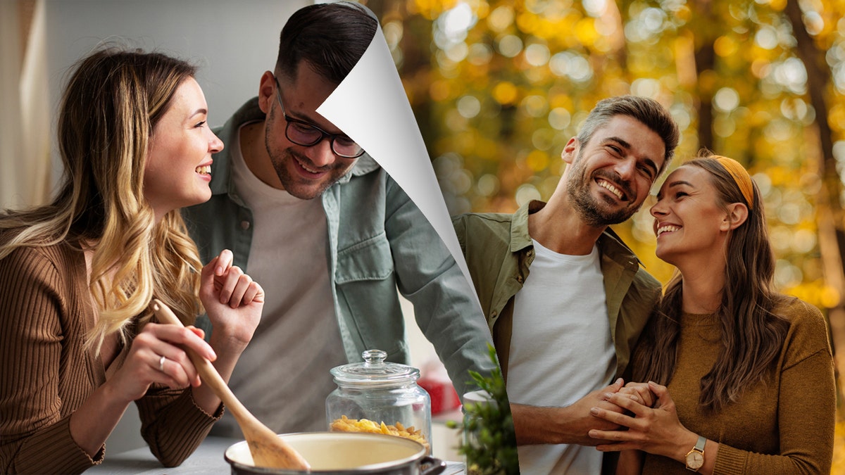 A couple cooking dinner together and a different couple enjoying a fall date outdoors