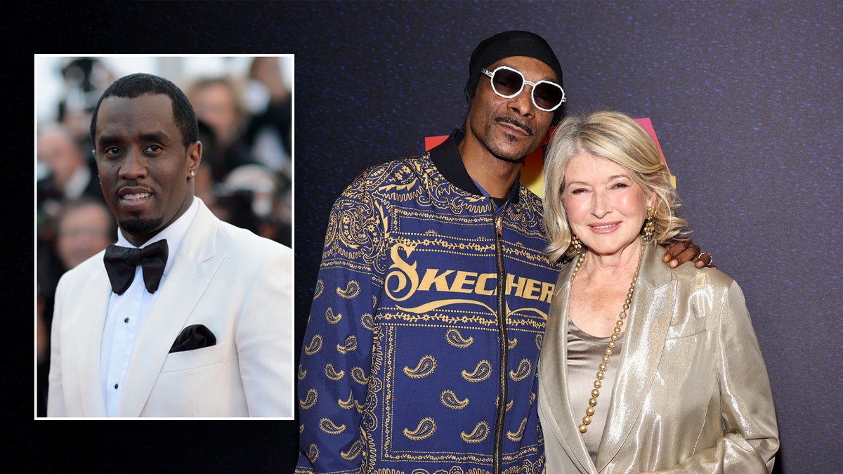 Sean Diddy Combs wears a white tux, Snoop Dogg sports skechers bomber jacket, Martha Stewart glitters in gold.