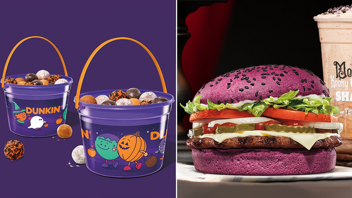 Dunkin' and Burger King have released their 2024 Halloween menu items, which include a purple buckle of doughnut holes and a Whopper with a purple bun.