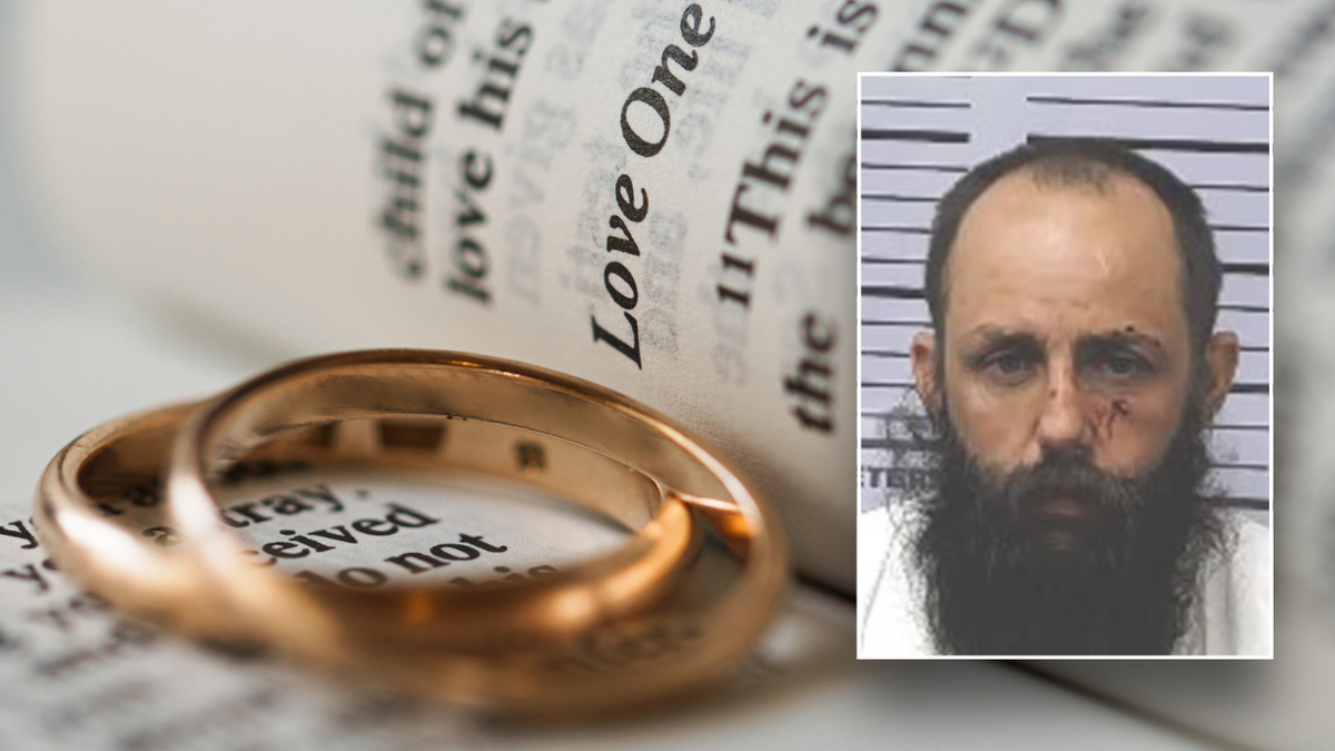 Split shot of stock image wedding rings and mugshot