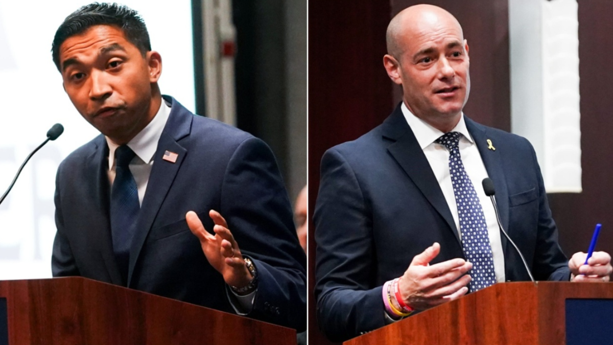 Democratic U.S. Rep. Greg Landsman and Republican challenger Orlando Sonza, Wednesday, Oct. 16, 2024, at the Schiff Family Conference Center at Cintas Center in Cincinnati.