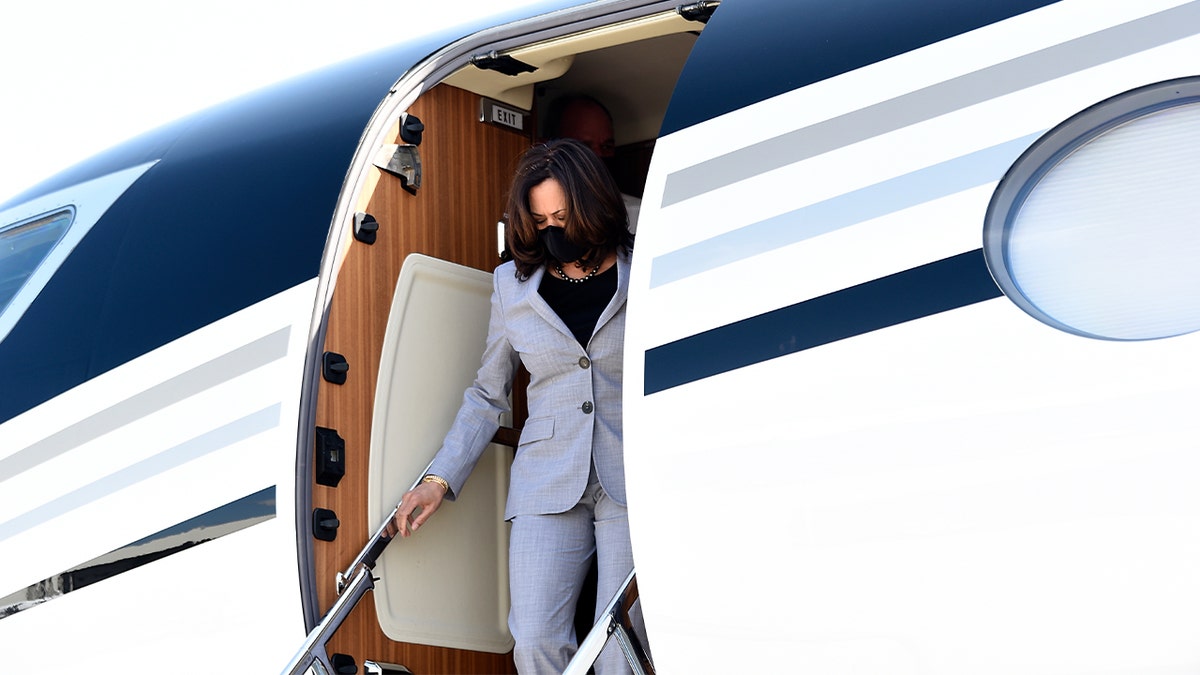 Then-Democratic vice presidential nominee Kamala Harris exits a private plane at Raleigh Durham International Airport on Sept. 28, 2020 in Raleigh, North Carolina.